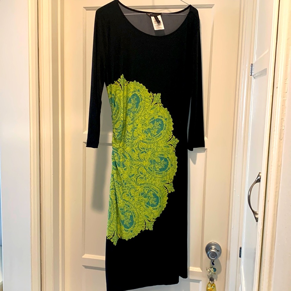 SOLD! BCBGMaxAzaria black Matte Jersey side roushing dress, emerald green lace